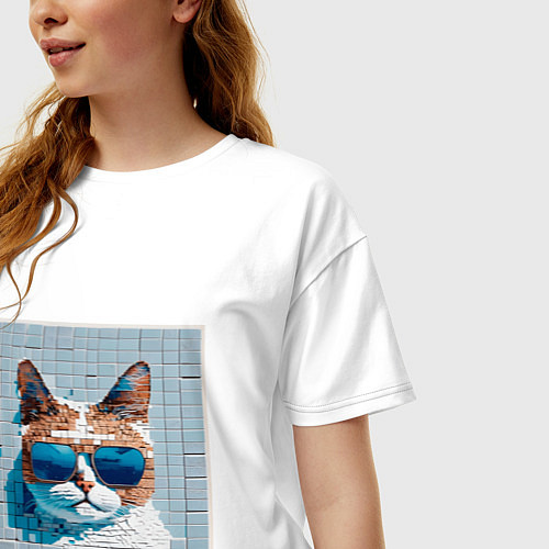 Женская футболка оверсайз Цифровой кот в темных очках / Белый – фото 3