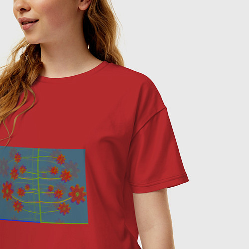 Женская футболка оверсайз Абстрактные цветы на ветках / Красный – фото 3