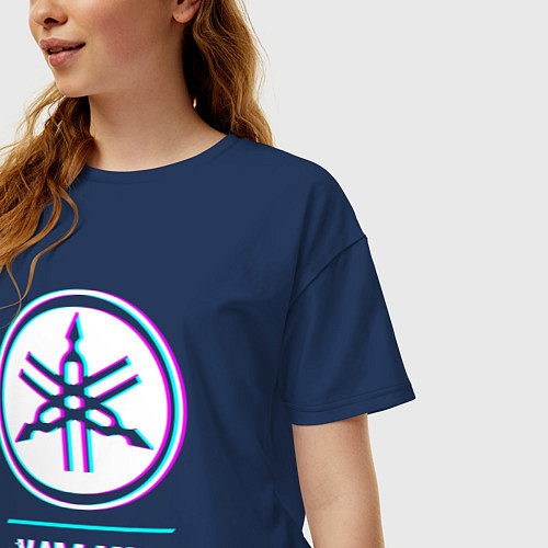 Женская футболка оверсайз Значок Yamaha в стиле glitch / Тёмно-синий – фото 3