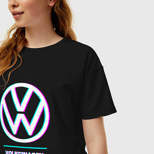 Женская футболка оверсайз Значок Volkswagen в стиле glitch / Черный – фото 3
