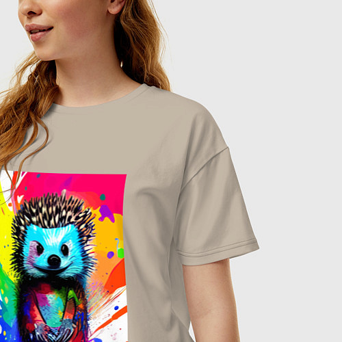 Женская футболка оверсайз Акварельный эскиз ёжика - живопись / Миндальный – фото 3