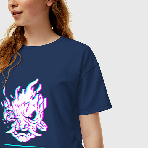 Женская футболка оверсайз Cyberpunk 2077 в стиле glitch и баги графики / Тёмно-синий – фото 3