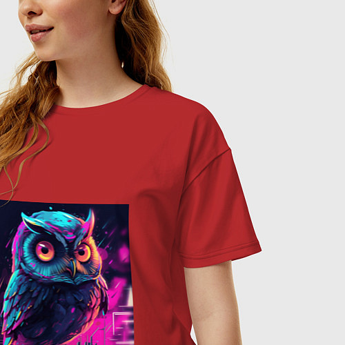 Женская футболка оверсайз Сова в неоновом свете / Красный – фото 3