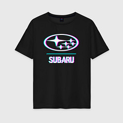 Футболка оверсайз женская Значок Subaru в стиле glitch, цвет: черный