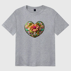 Футболка оверсайз женская Цветы в сердце, цвет: меланж
