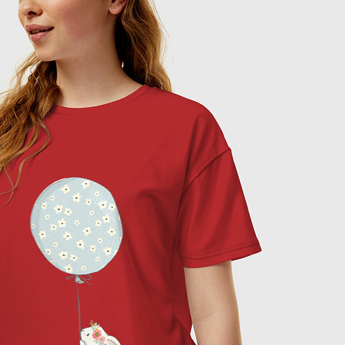 Женская футболка оверсайз Милый кролик с шариком в цветочек / Красный – фото 3