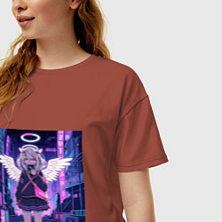 Футболка оверсайз женская Милая аниме девушка-ангел с яркими неоновыми крыль, цвет: кирпичный — фото 2
