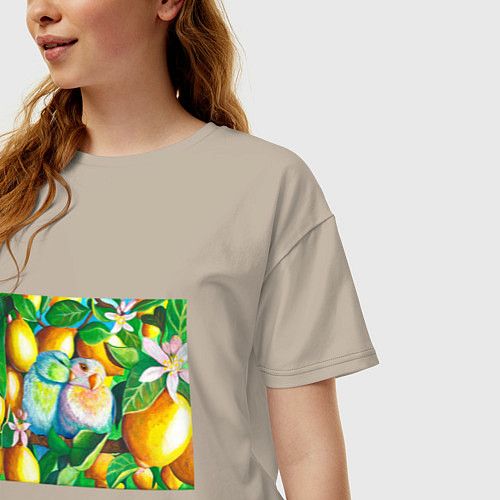 Женская футболка оверсайз Попугаи в лимонах / Миндальный – фото 3