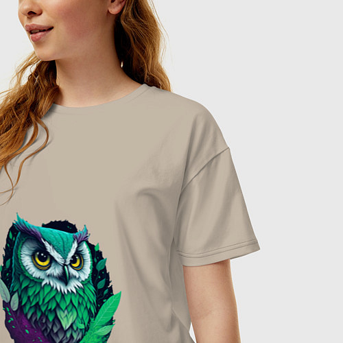 Женская футболка оверсайз Изумрудная сова / Миндальный – фото 3