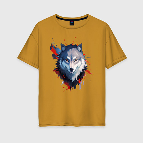Женская футболка оверсайз Голова волка - рисунок с пятнами краски / Горчичный – фото 1