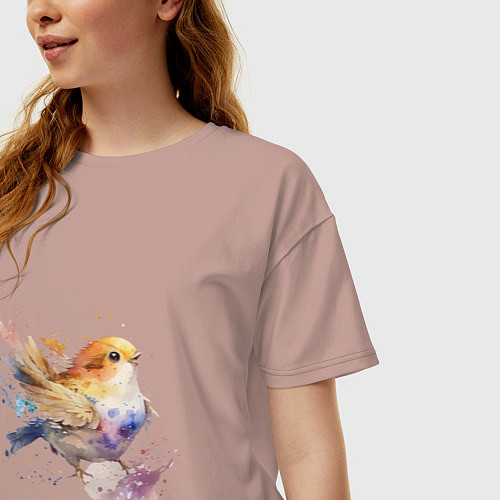 Женская футболка оверсайз Акварельная милая птица / Пыльно-розовый – фото 3