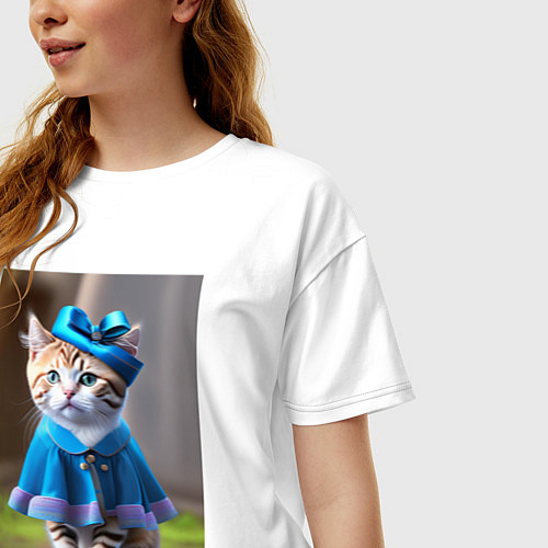 Женская футболка оверсайз Кошка в голубом платье / Белый – фото 3