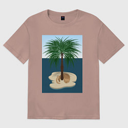 Футболка оверсайз женская Кот под пальмой на острове, цвет: пыльно-розовый