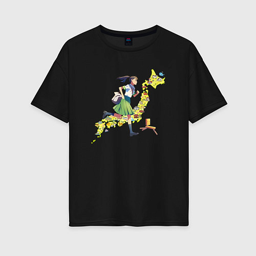 Женская футболка оверсайз Судзумэ бежит по Японии / Черный – фото 1