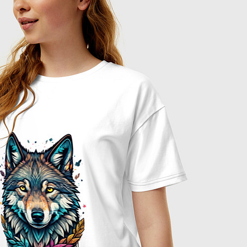 Женская футболка оверсайз Лесной яркий волк / Белый – фото 3