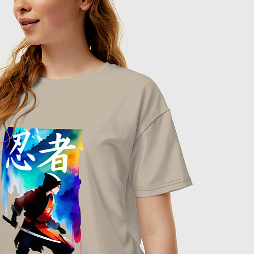 Женская футболка оверсайз Ninja - hieroglyphs - watercolor / Миндальный – фото 3