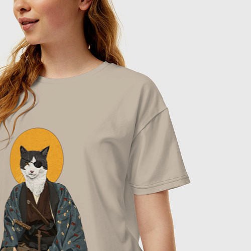 Женская футболка оверсайз Samurai one - eyed cat / Миндальный – фото 3