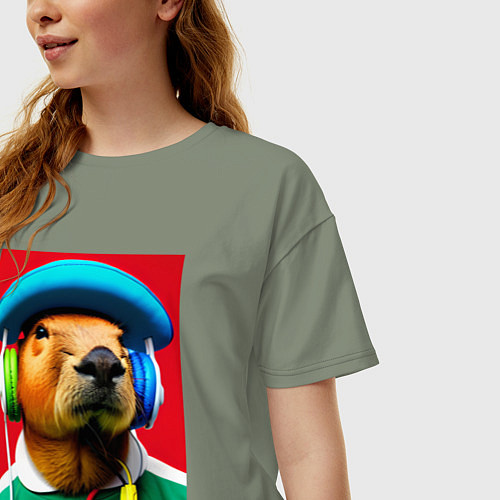 Женская футболка оверсайз Капибара в наушниках и шляпе - нейросеть / Авокадо – фото 3