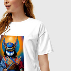 Футболка оверсайз женская Кот-самурай - нейросеть, цвет: белый — фото 2