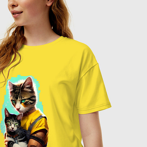 Женская футболка оверсайз Кот с котёнком - нейросеть / Желтый – фото 3