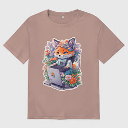Футболка оверсайз женская Лиса геймер за компьютером, цвет: пыльно-розовый