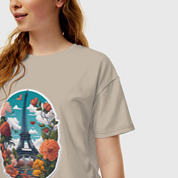 Футболка оверсайз женская Эйфелева башня в цветах, цвет: миндальный — фото 2