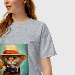 Футболка оверсайз женская Кот в соломенной шляпе с фотоаппаратом, цвет: меланж — фото 2