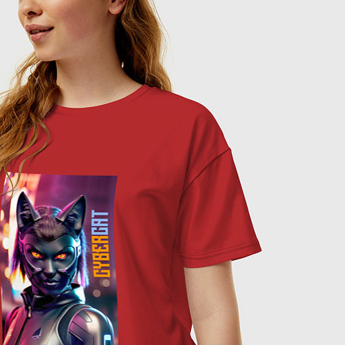 Женская футболка оверсайз Взгляд чёрной кошки - киберпанк - нейросеть / Красный – фото 3