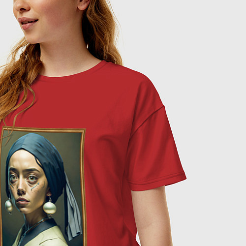 Женская футболка оверсайз Девушка с жемчужными сережками / Красный – фото 3