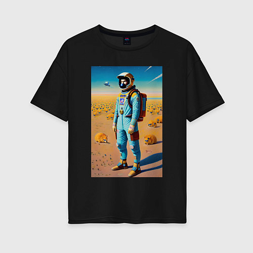 Женская футболка оверсайз Космонавт на планете синеглазых капибар / Черный – фото 1