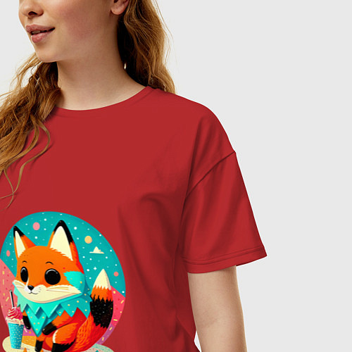 Женская футболка оверсайз Летняя лиса с мороженым / Красный – фото 3