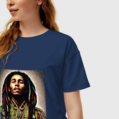 Женская футболка оверсайз Боб Марли в кислотном мундире / Тёмно-синий – фото 3