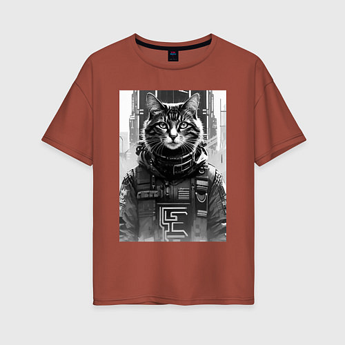 Женская футболка оверсайз Cool cat - cyberpunk - neural network / Кирпичный – фото 1