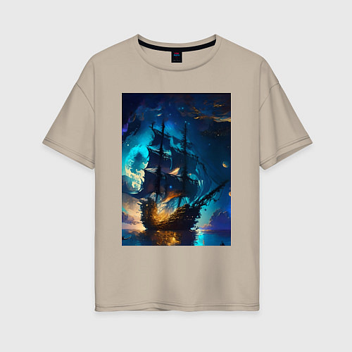 Женская футболка оверсайз Корабль в ночном море - нейросеть / Миндальный – фото 1