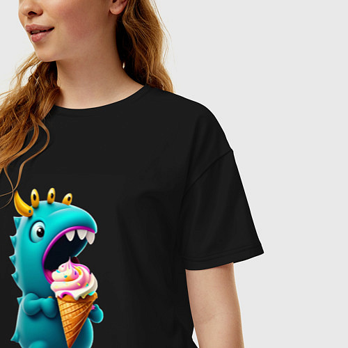 Женская футболка оверсайз Монстр и мороженое / Черный – фото 3