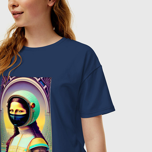 Женская футболка оверсайз Мона Лиза наших дней - нейросеть / Тёмно-синий – фото 3