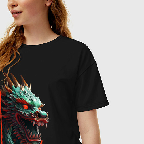 Женская футболка оверсайз Дракон с горящими глазами: арт нейросети / Черный – фото 3