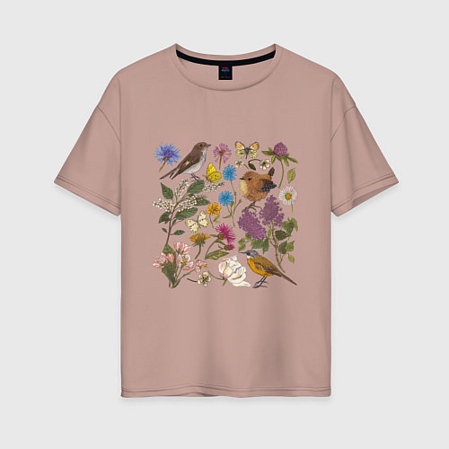 Женская футболка оверсайз Цветение и птички / Пыльно-розовый – фото 1