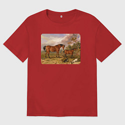 Футболка оверсайз женская Две лошади и две собаки, цвет: красный