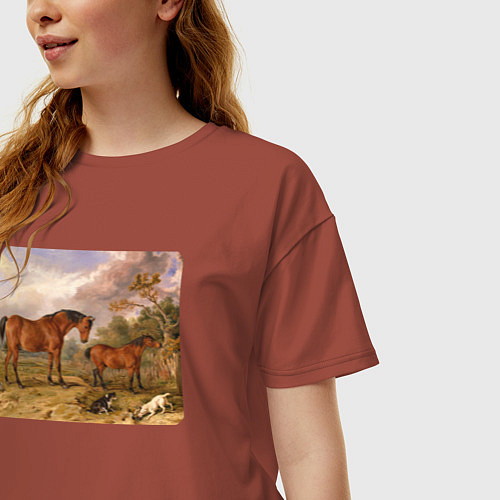 Женская футболка оверсайз Две лошади и две собаки / Кирпичный – фото 3