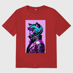 Футболка оверсайз женская Прикольный фиолетовый котейка - нейросеть, цвет: красный