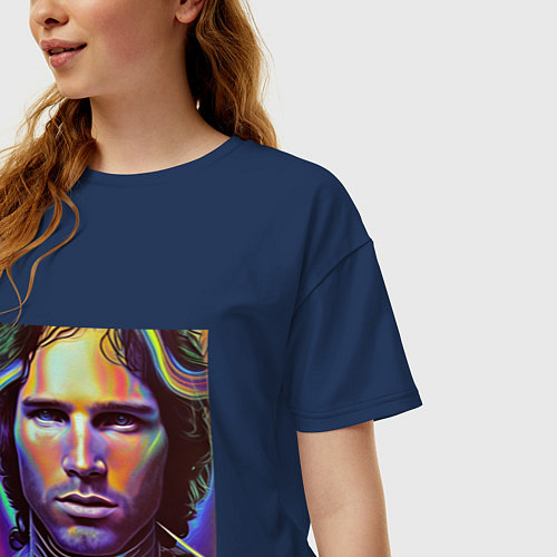 Женская футболка оверсайз Jim Morrison neon portrait art / Тёмно-синий – фото 3