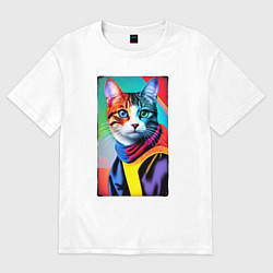 Футболка оверсайз женская Котик с разными по цвету глазами - поп-арт, цвет: белый