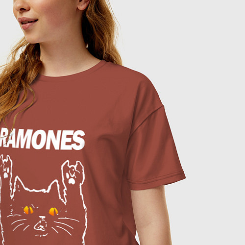 Женская футболка оверсайз Ramones rock cat / Кирпичный – фото 3