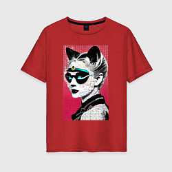 Футболка оверсайз женская Cat girl in a mask - neural network - pop art, цвет: красный