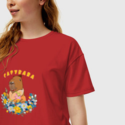 Футболка оверсайз женская Прикольная надпись с капибарой, цвет: красный — фото 2