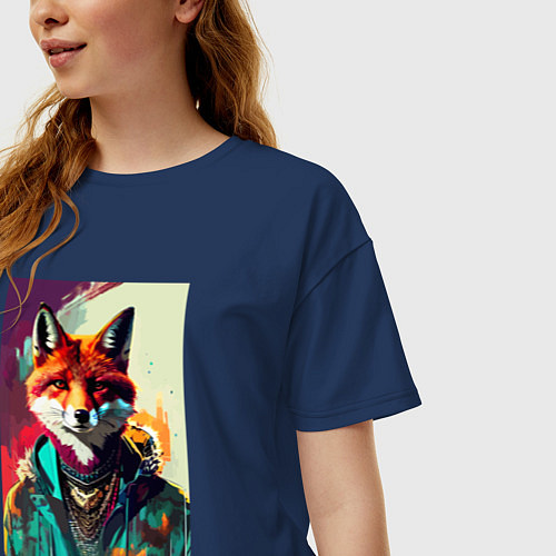 Женская футболка оверсайз Крутая модная лисичка - нейросеть / Тёмно-синий – фото 3