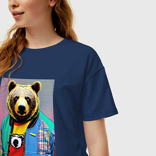 Женская футболка оверсайз Мишутка в модном прикиде - поп-арт - нейросеть / Тёмно-синий – фото 3