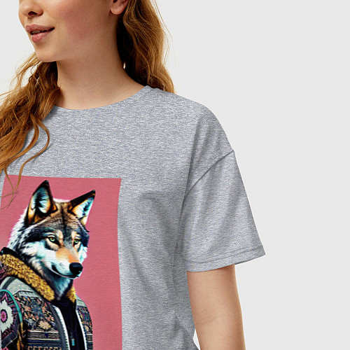 Женская футболка оверсайз Волк следящий за модой - нейросеть / Меланж – фото 3