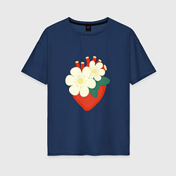 Футболка оверсайз женская Анатомическое сердце в цветах и листьях, цвет: тёмно-синий